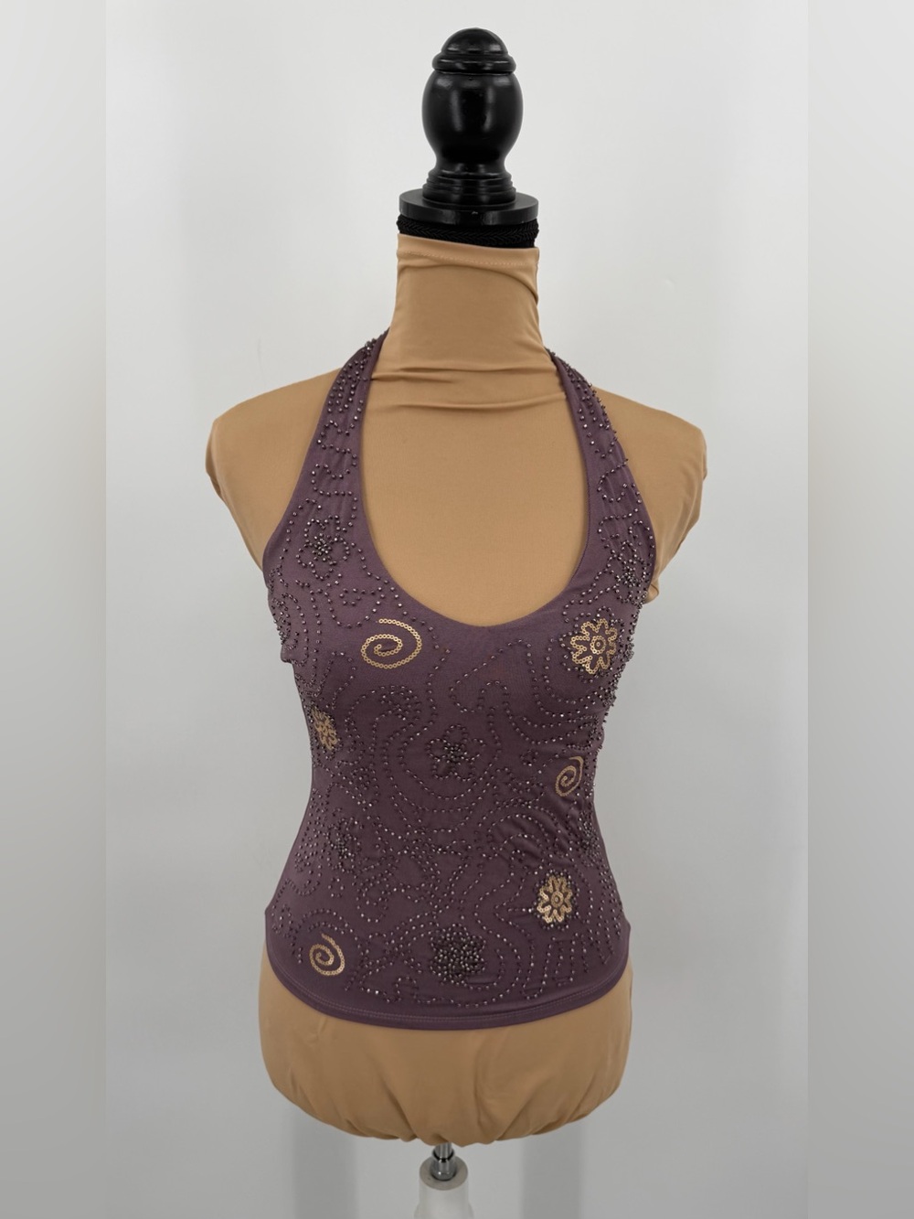 Purple Beaded Sequin Backless Halter Top XS Y2K Boho Fairy Grunge going out
